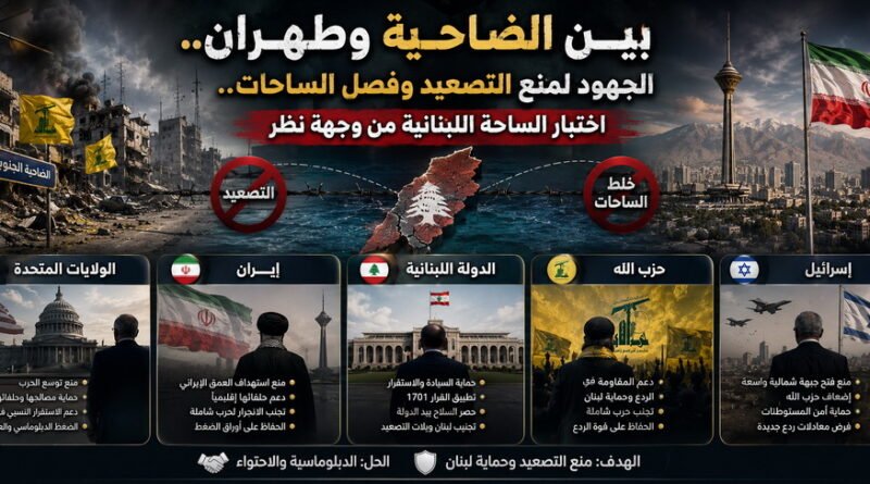 بين الضاحية وطهران.. الجهود لمنع التصعيد وفصل الساحات اختبار الساحة اللبنانية من وجهة نظر الولايات المتحدة، إيران، الدولة اللبنانية، حزب الله وإسرائيل